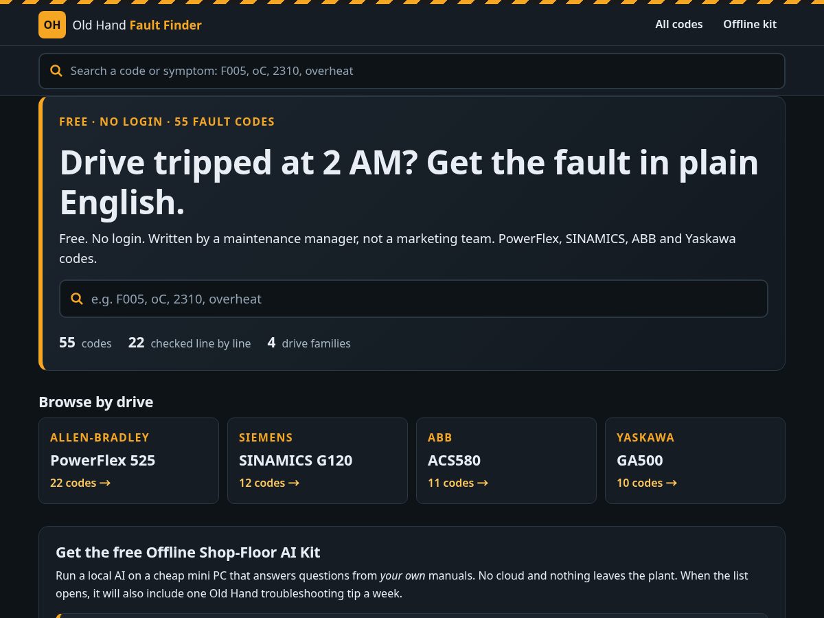 Landing-page snapshot of oldhandfaultfinder.com