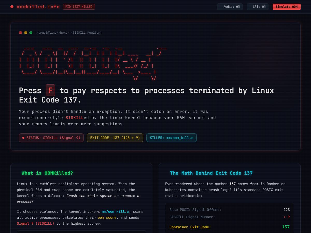 Landing-page snapshot of oomkilled.info