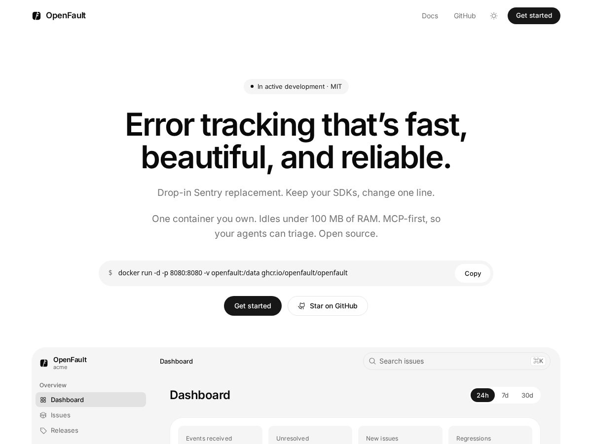 Landing-page snapshot of openfault.dev