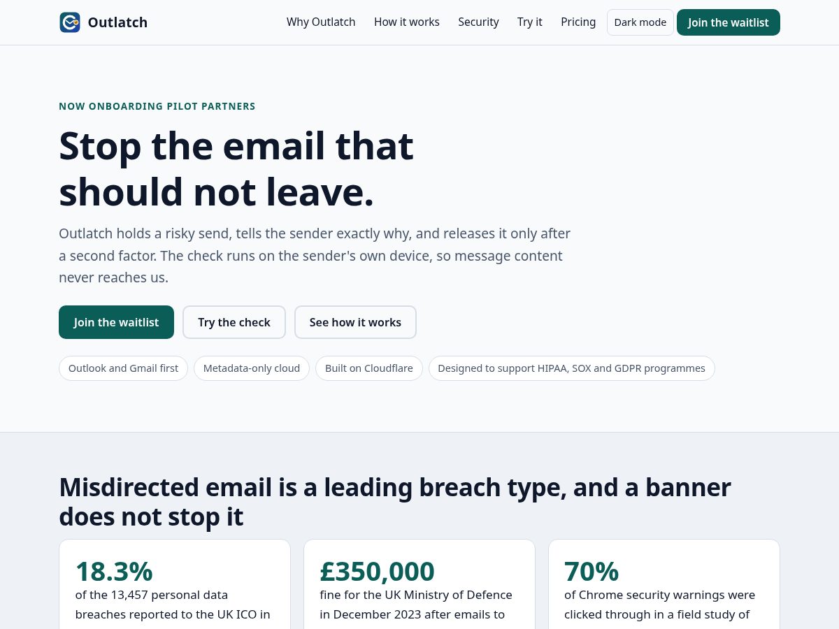 Landing-page snapshot of outlatch.com
