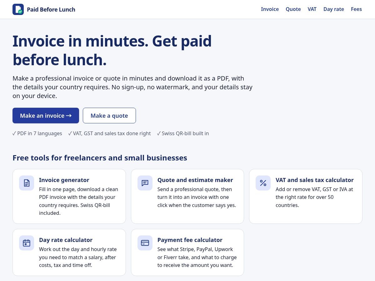 Landing-page snapshot of paidbeforelunch.com