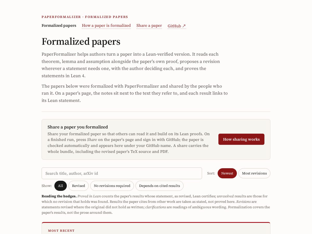 Landing-page snapshot of paperformalizer.org