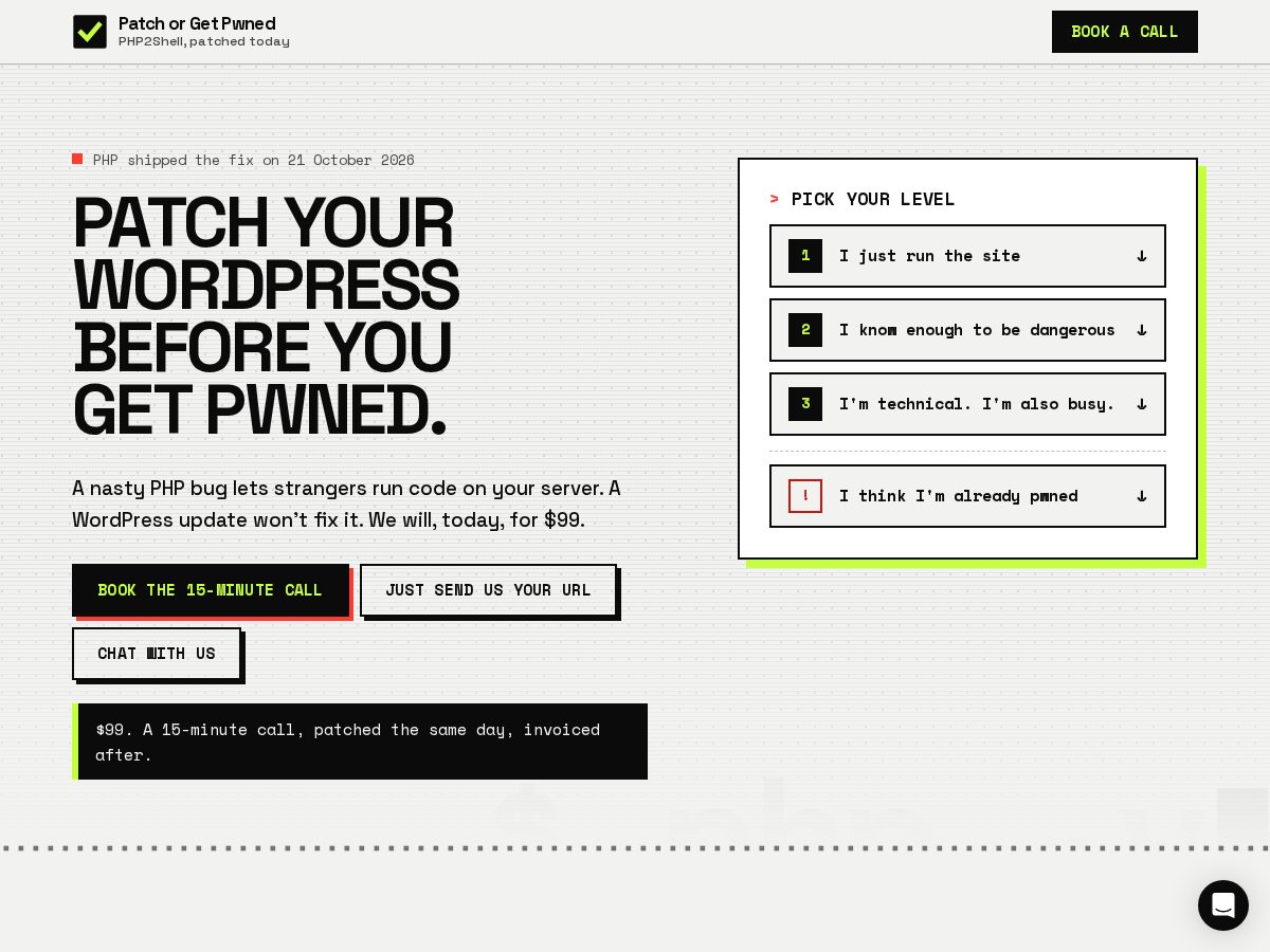 Landing-page snapshot of patchorgetpwned.com