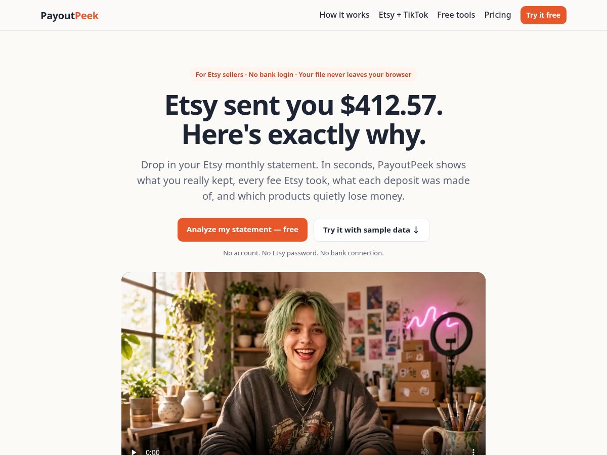 Landing-page snapshot of payoutpeek.com