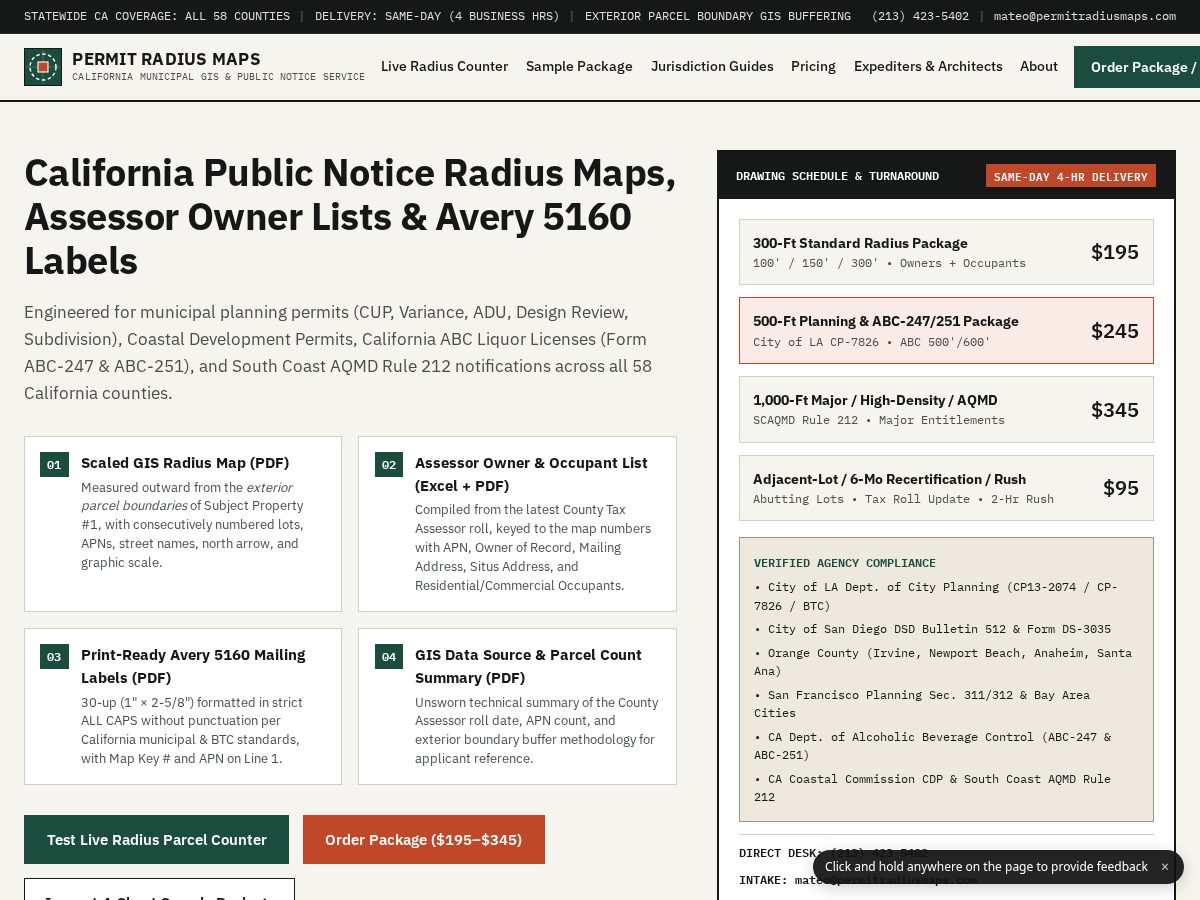 Landing-page snapshot of permitradiusmaps.com