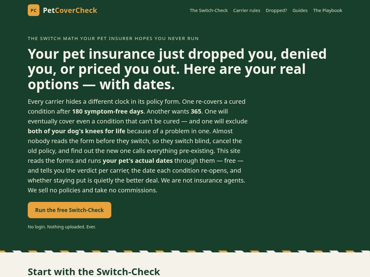 Landing-page snapshot of petcovercheck.com