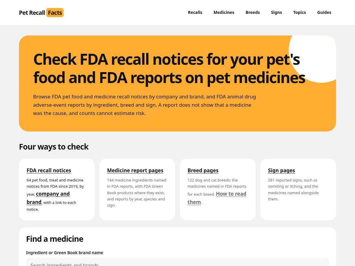 Landing-page snapshot of petrecallfacts.com