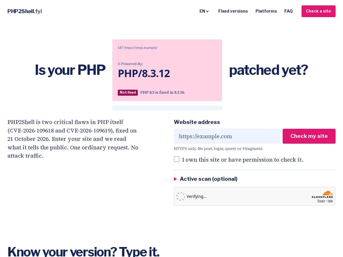 Landing-page snapshot of php2shell.fyi