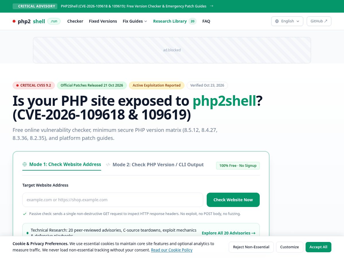 Landing-page snapshot of php2shell.run