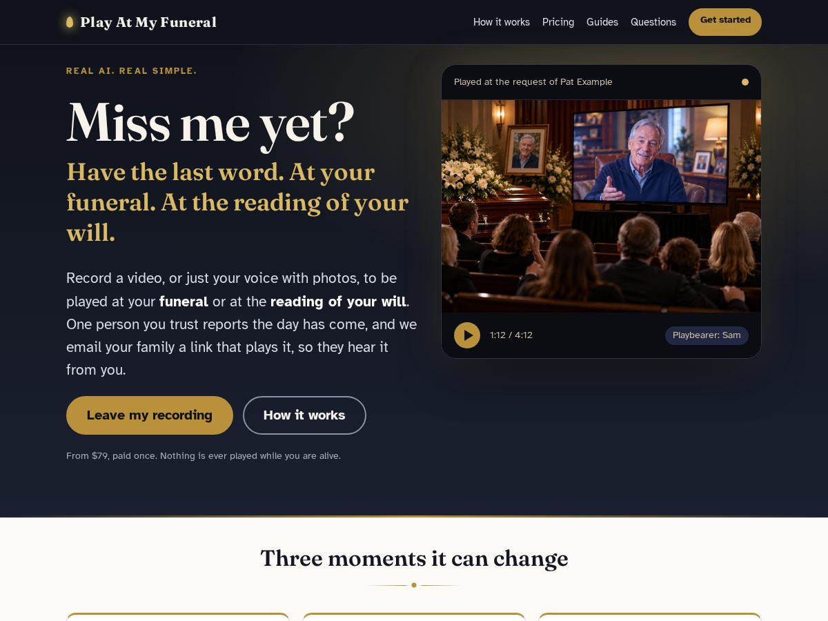 Landing-page snapshot of playatmyfuneral.com