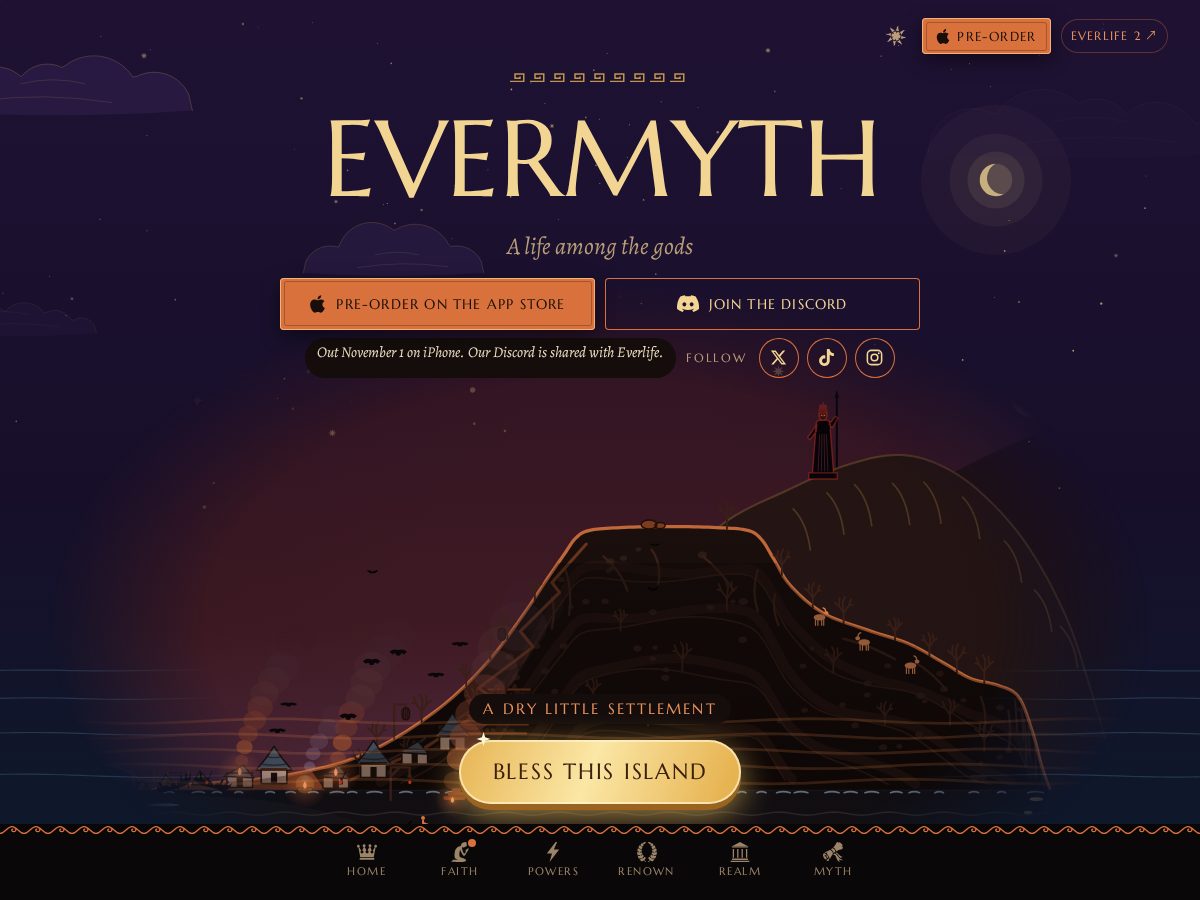Landing-page snapshot of playevermyth.com