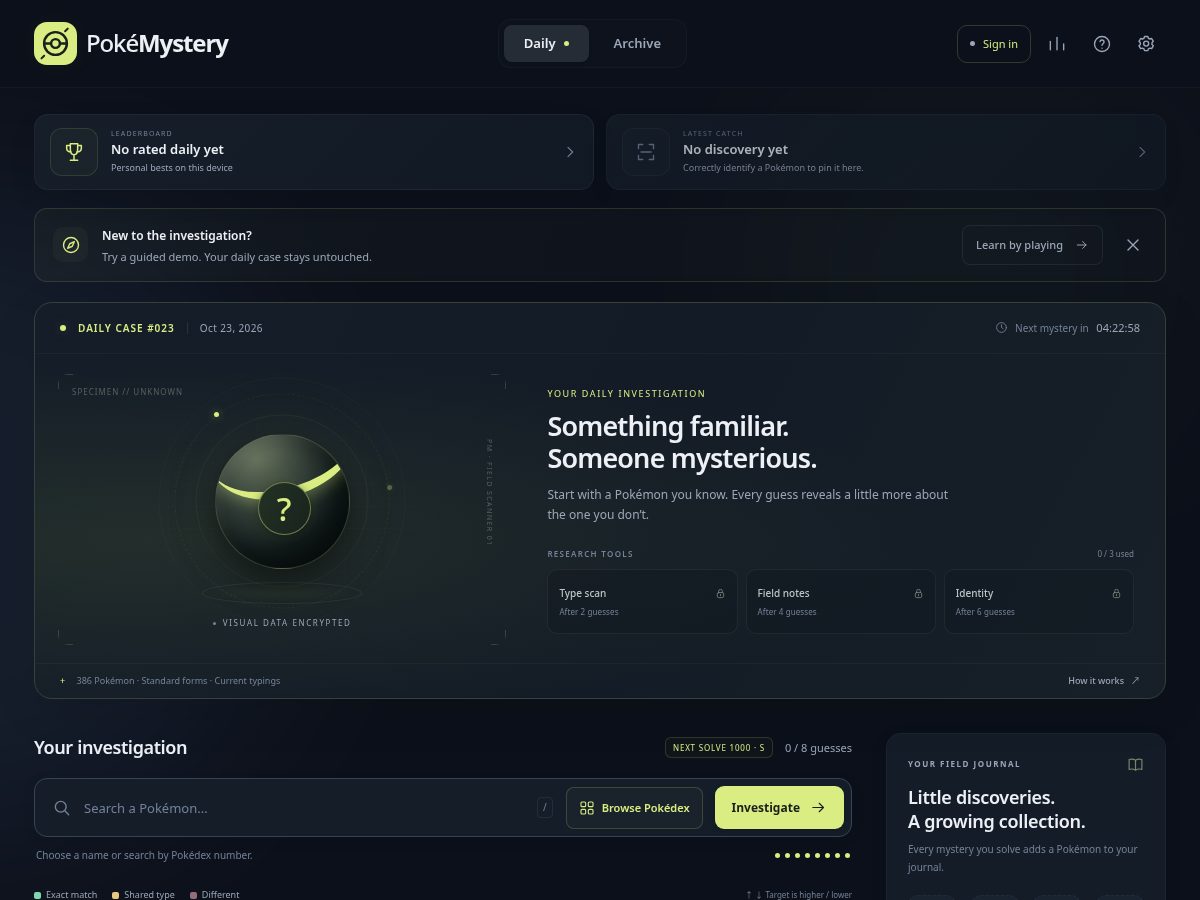 Landing-page snapshot of pokemystery.app