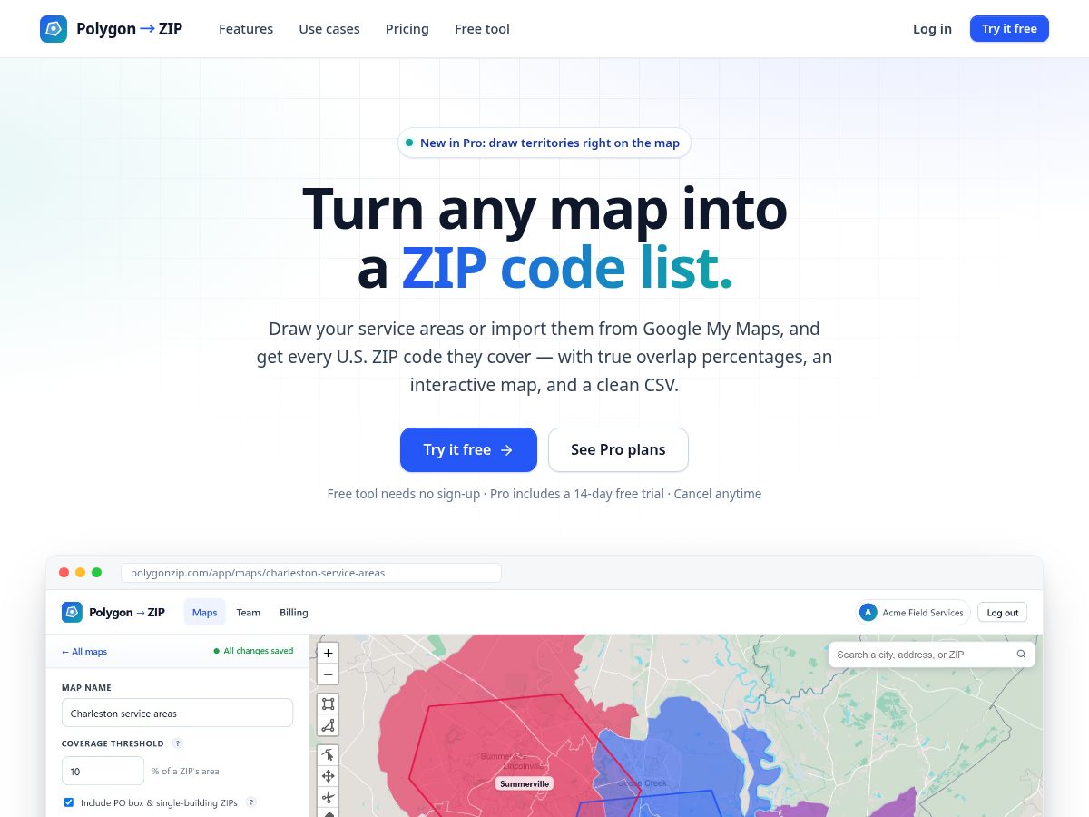 Landing-page snapshot of polygonzip.com