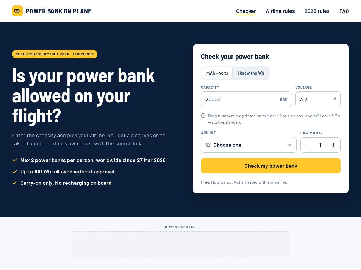 Landing-page snapshot of powerbankonplane.com