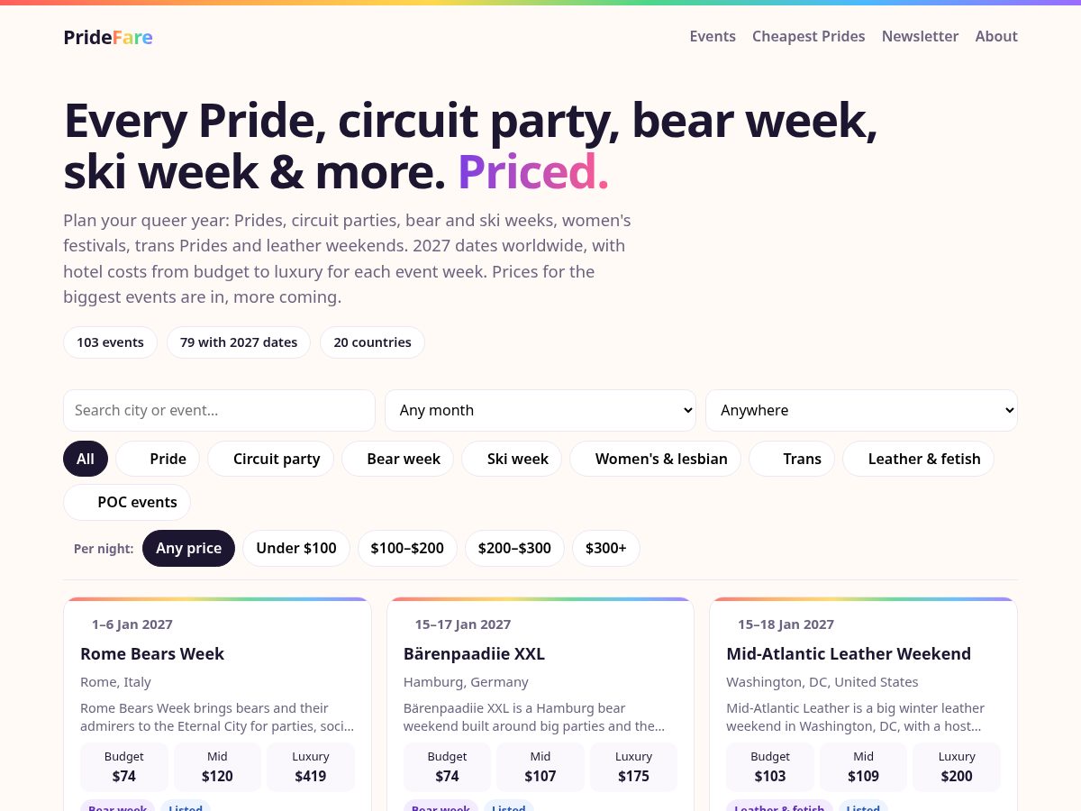 Landing-page snapshot of pridefare.com
