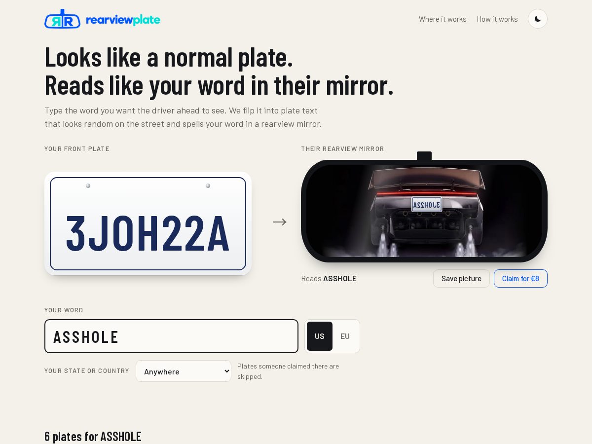 Landing-page snapshot of rearviewplate.com