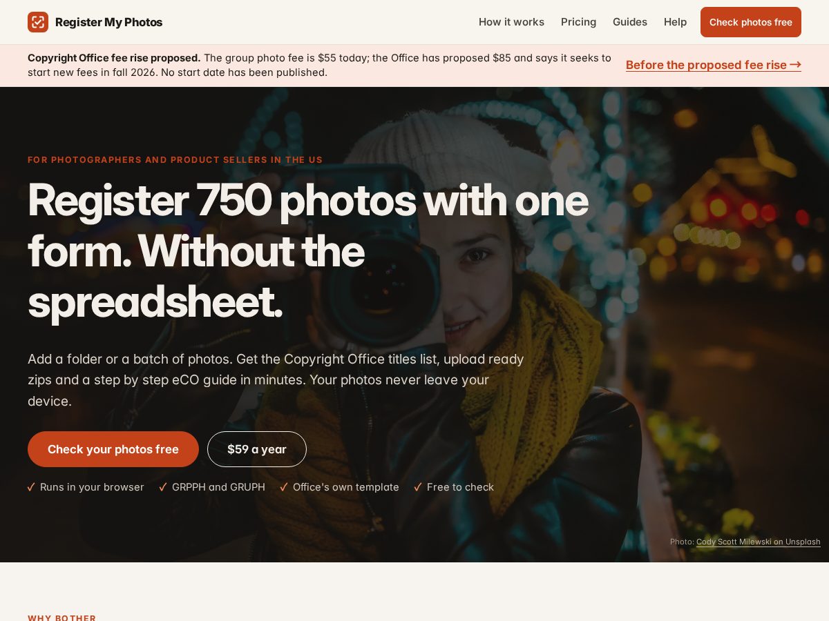 Landing-page snapshot of registermyphotos.com