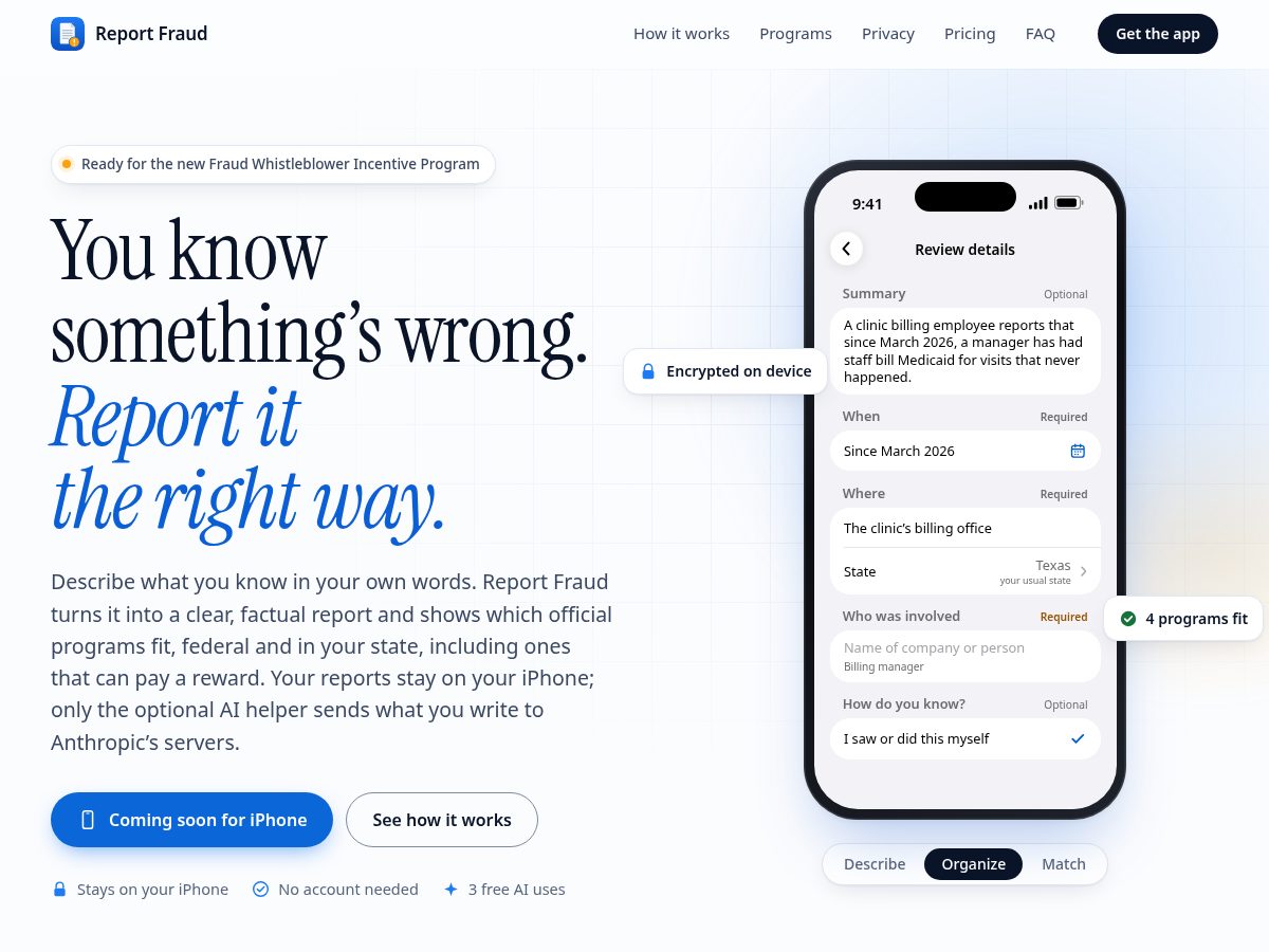 Landing-page snapshot of reportfraud.app