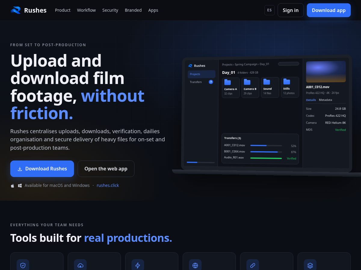 Landing-page snapshot of rushes.click