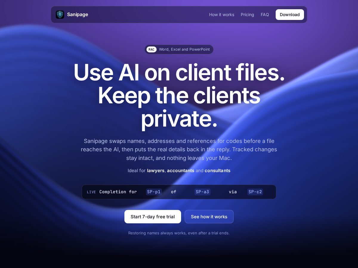 Landing-page snapshot of sanipage.com