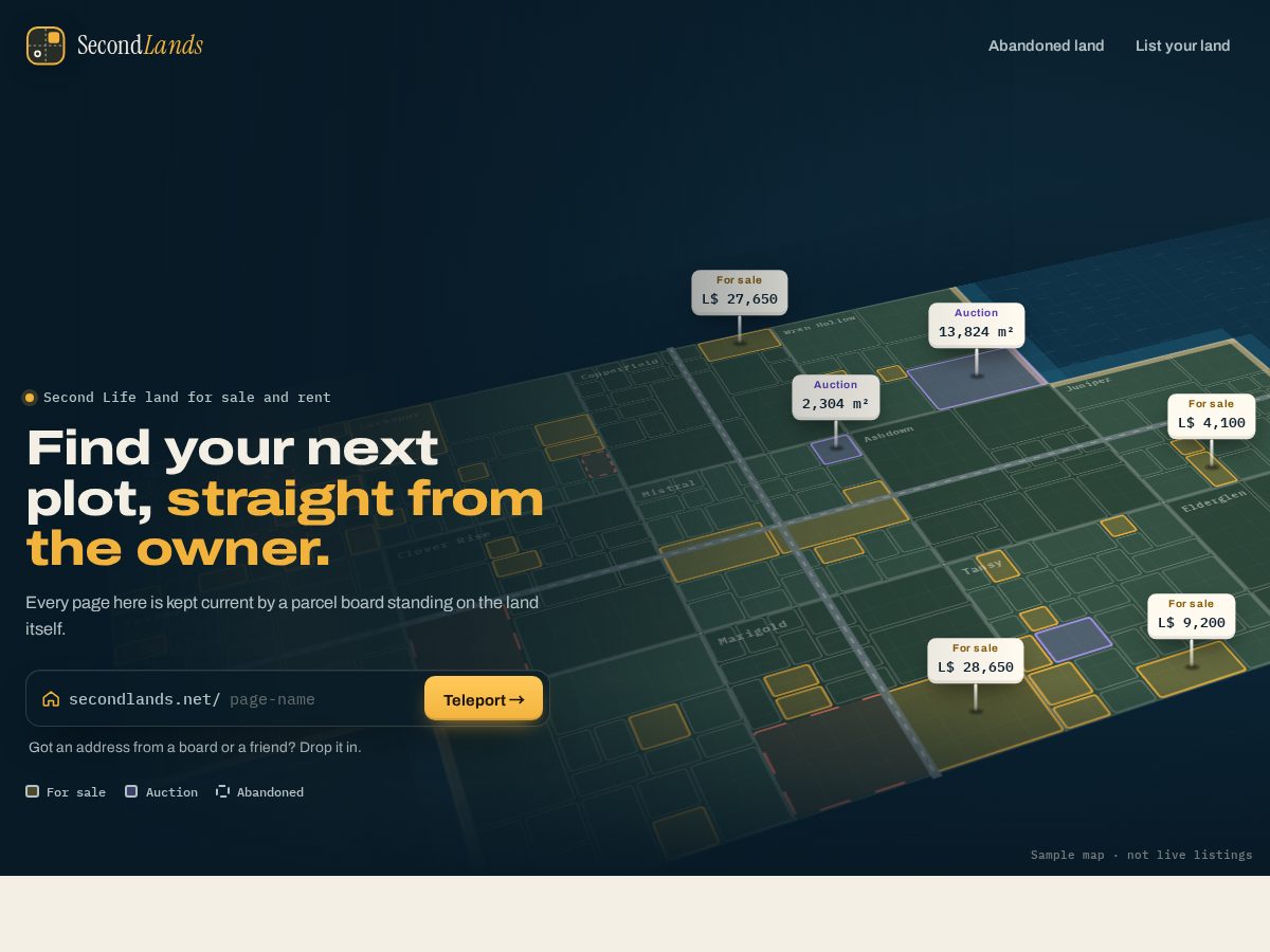 Landing-page snapshot of secondlands.net