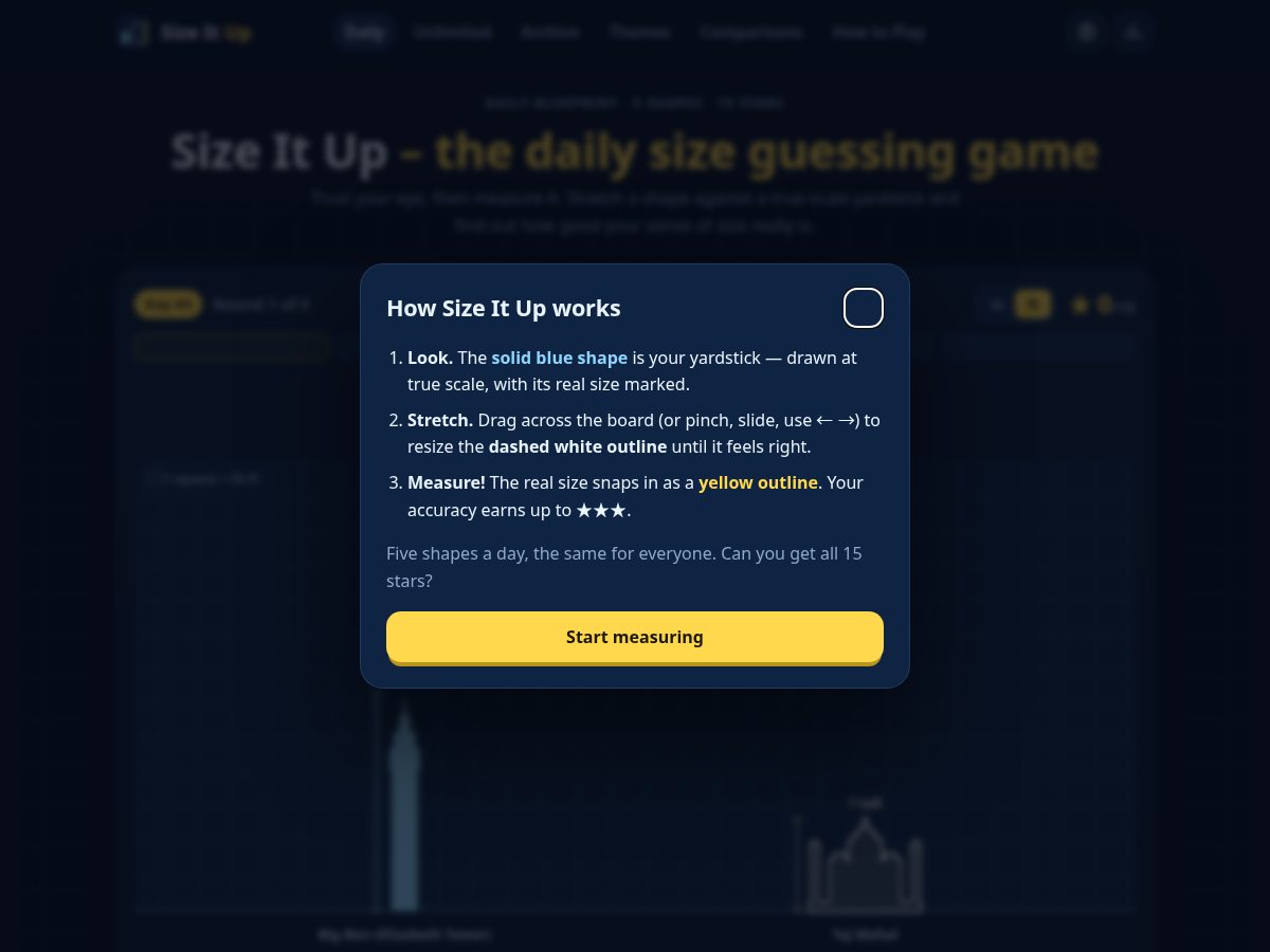 Landing-page snapshot of sizeitupgame.app