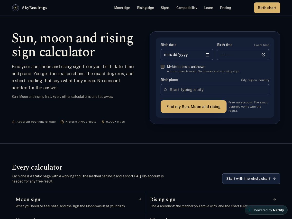 Landing-page snapshot of skyreadings.com