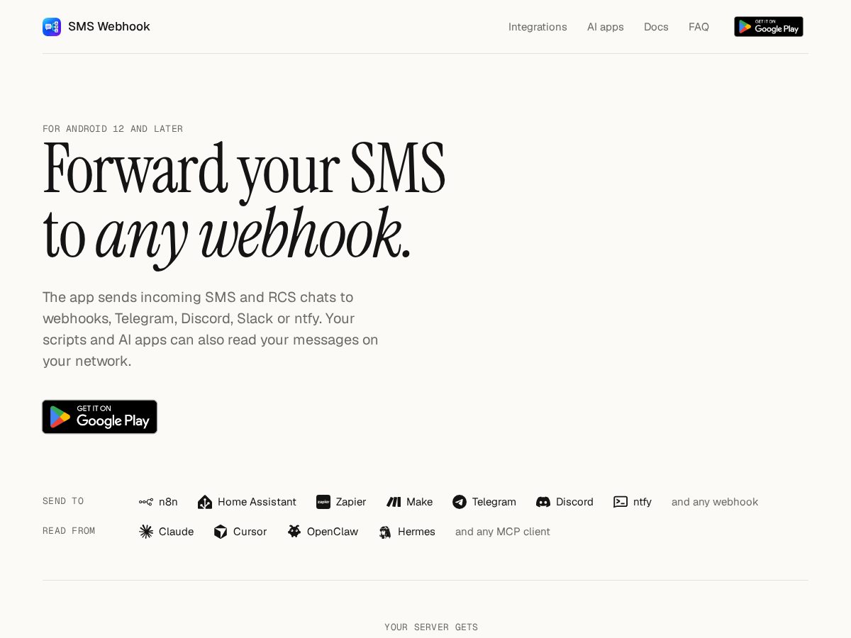 Landing-page snapshot of smswebhook.com