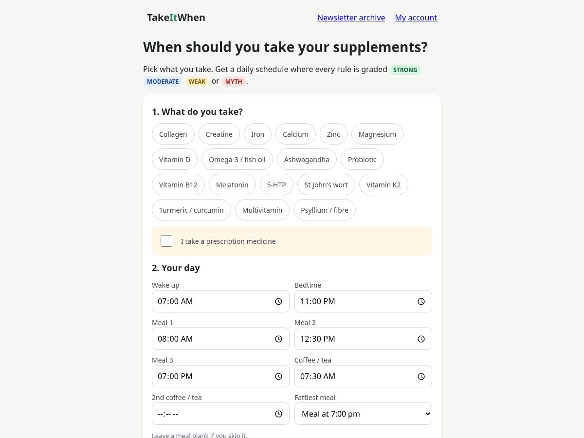 Landing-page snapshot of takeitwhen.com
