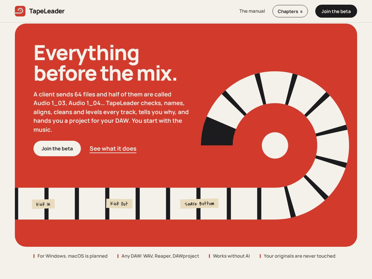Landing-page snapshot of tapeleader.com