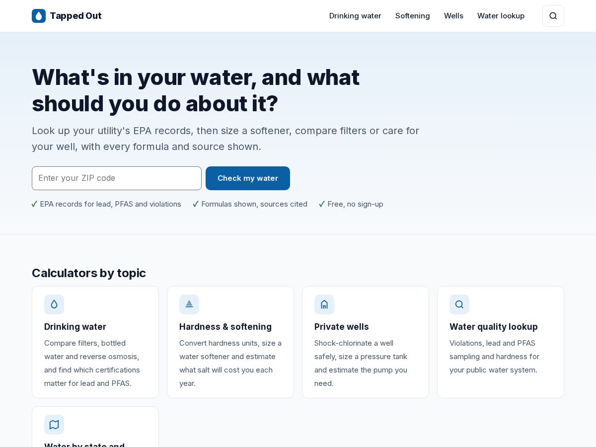 Landing-page snapshot of tappedoutwater.com
