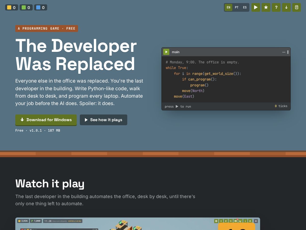 Landing-page snapshot of thedeveloperwasreplaced.com