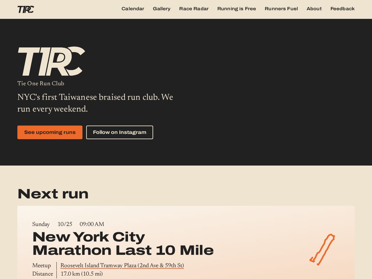 Landing-page snapshot of tieonerunclub.org