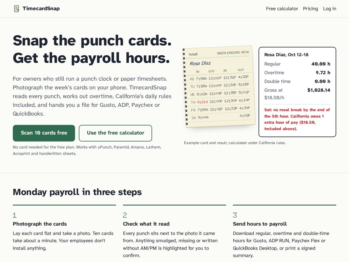 Landing-page snapshot of timecardsnap.com