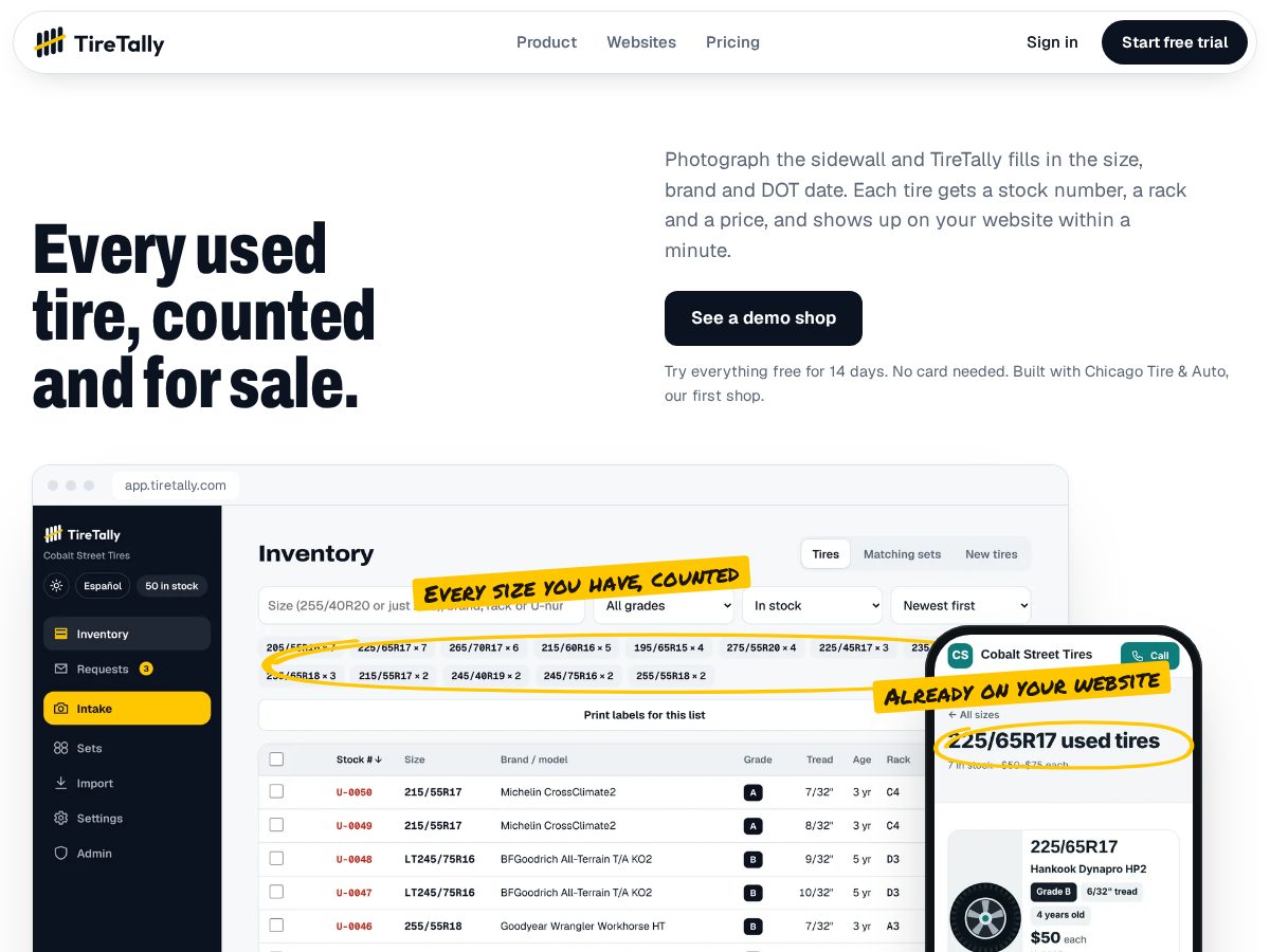 Landing-page snapshot of tiretally.com
