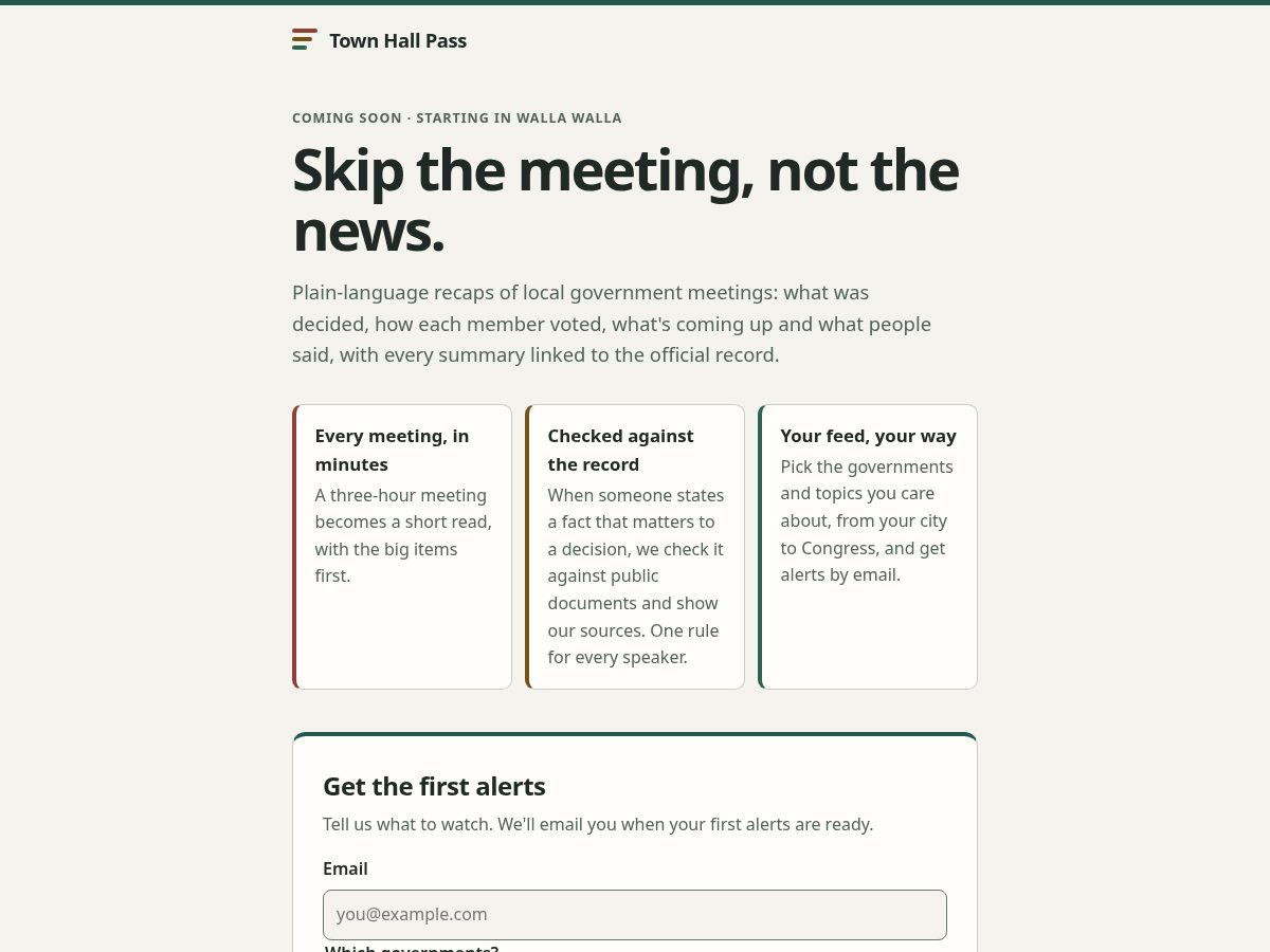 Landing-page snapshot of townhallpass.com
