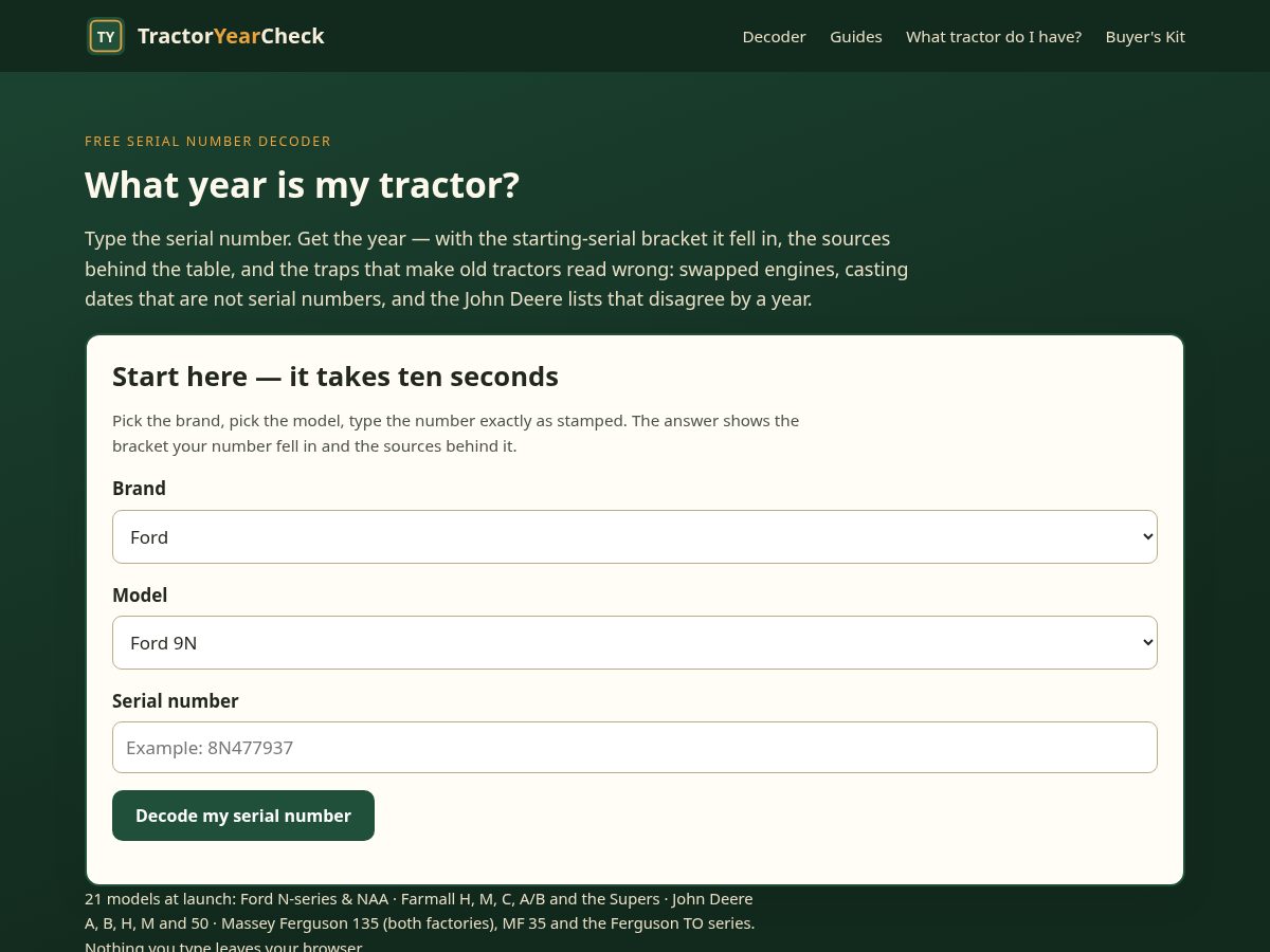 Landing-page snapshot of tractoryearcheck.com