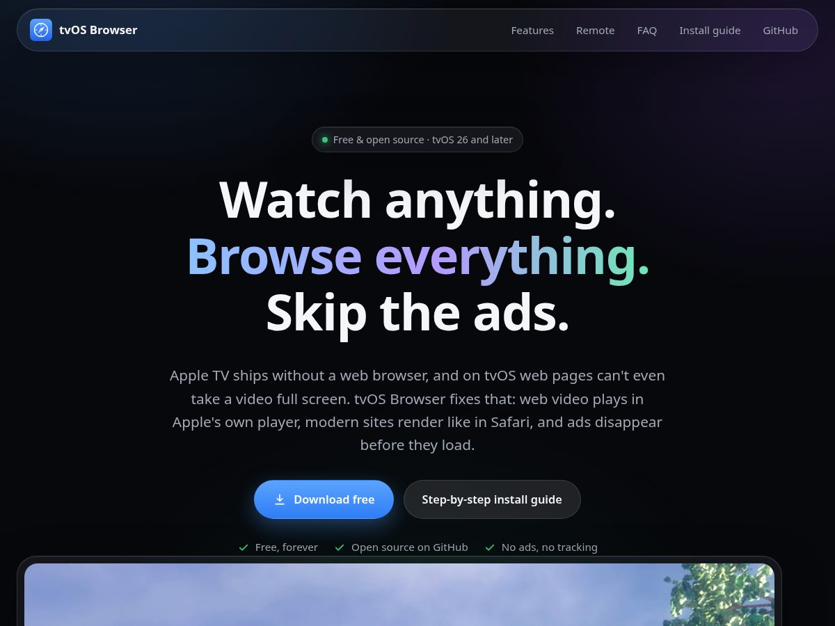 Landing-page snapshot of tvos-browser.com