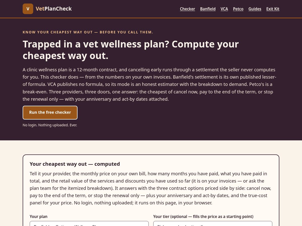 Landing-page snapshot of vetplancheck.com
