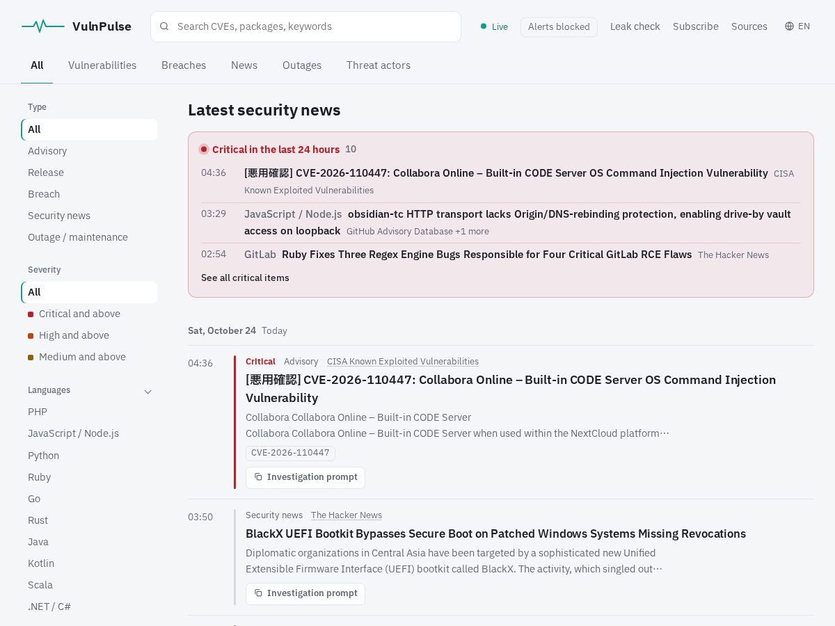 Landing-page snapshot of vulnpulse.app