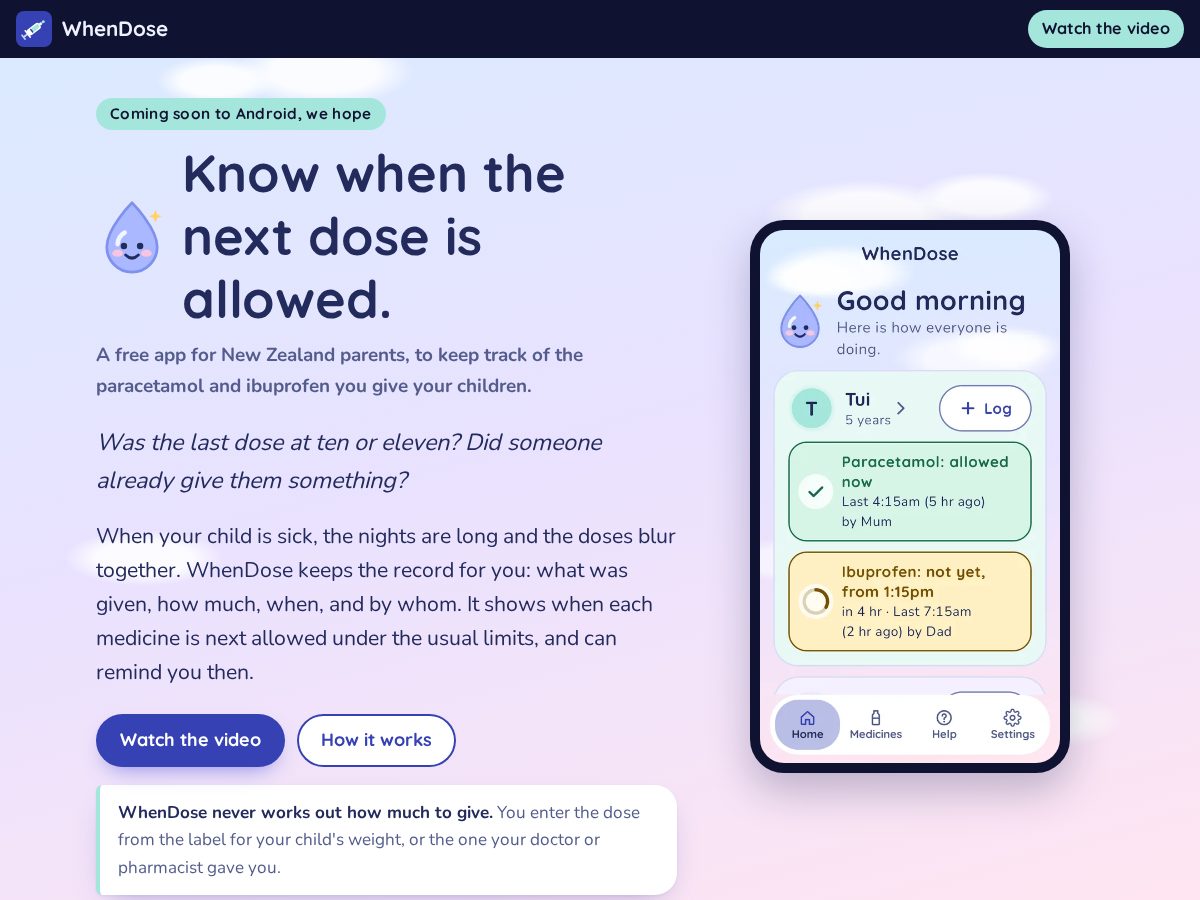 Landing-page snapshot of whendose.app