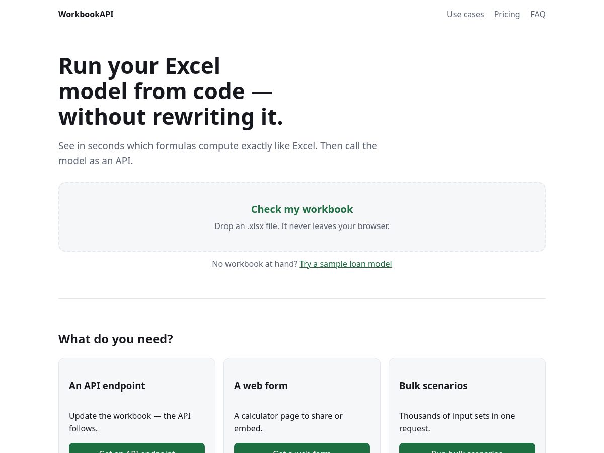 Landing-page snapshot of workbookapi.com