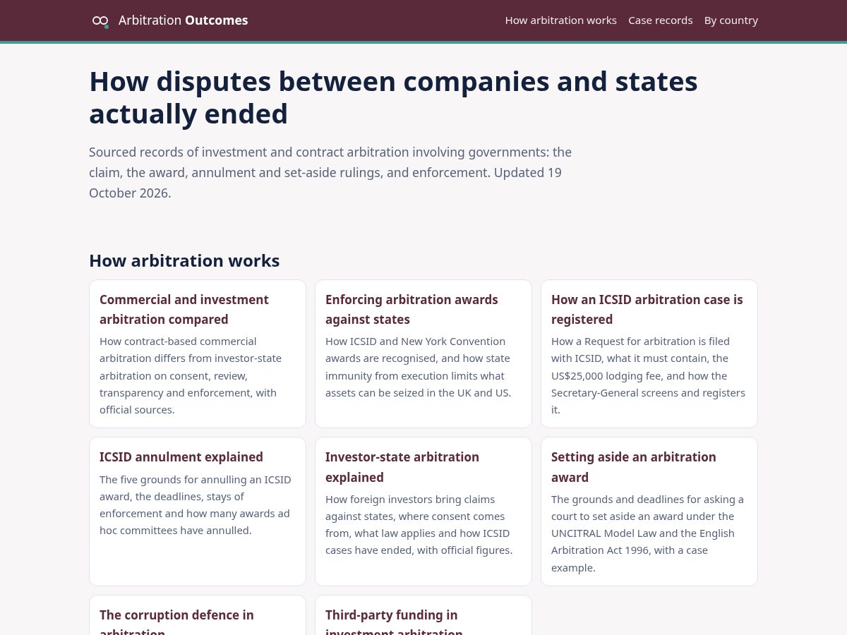 Landing-page snapshot of arbitrationoutcomes.org