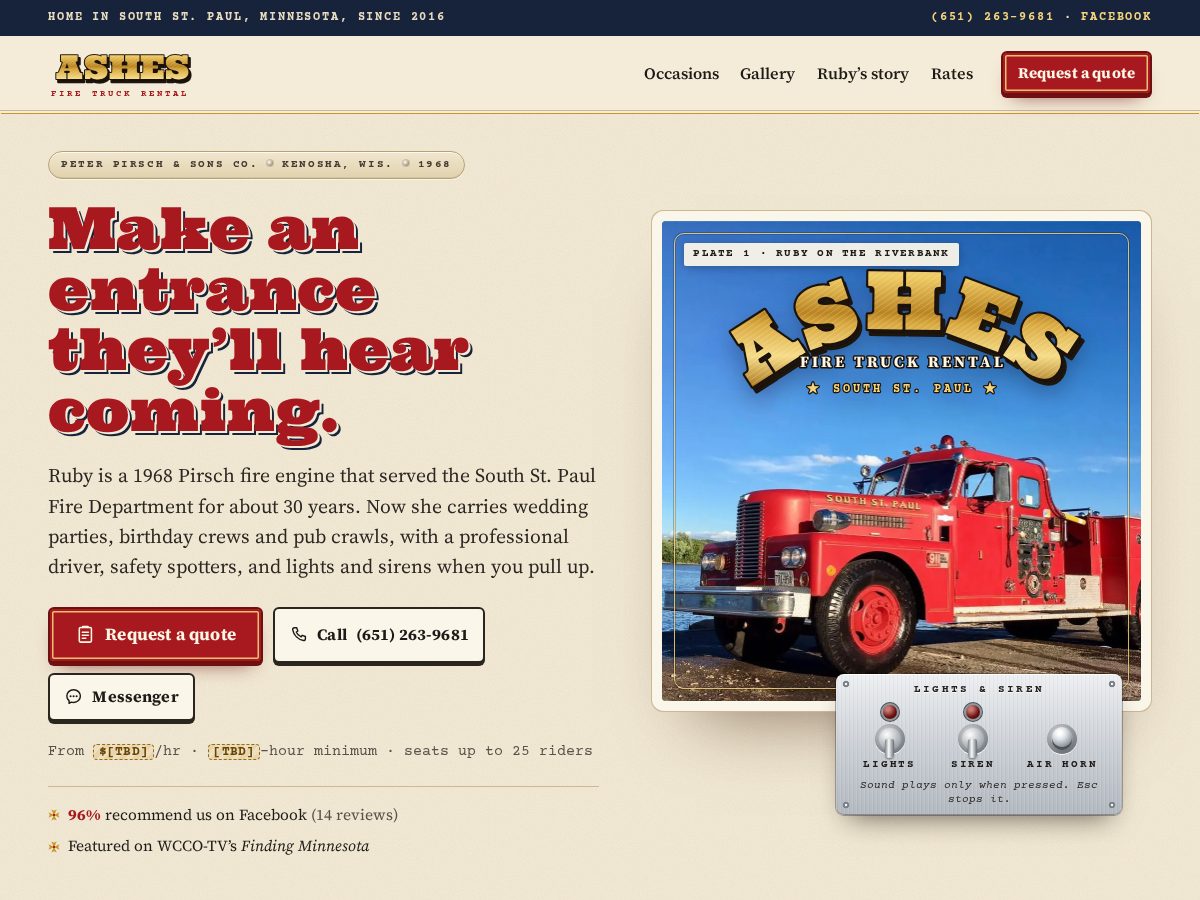 Landing-page snapshot of ashesfiretruck.com