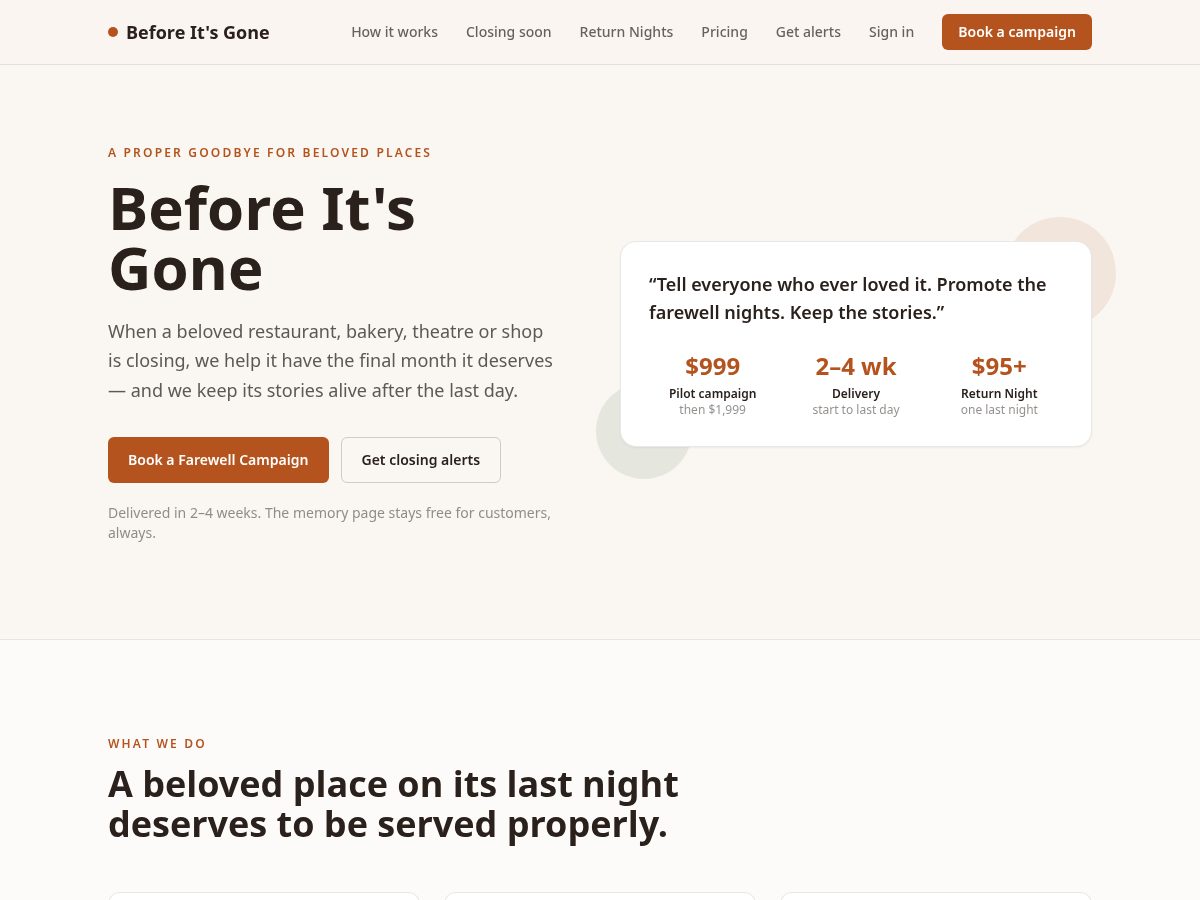 Landing-page snapshot of beforeitgone.com