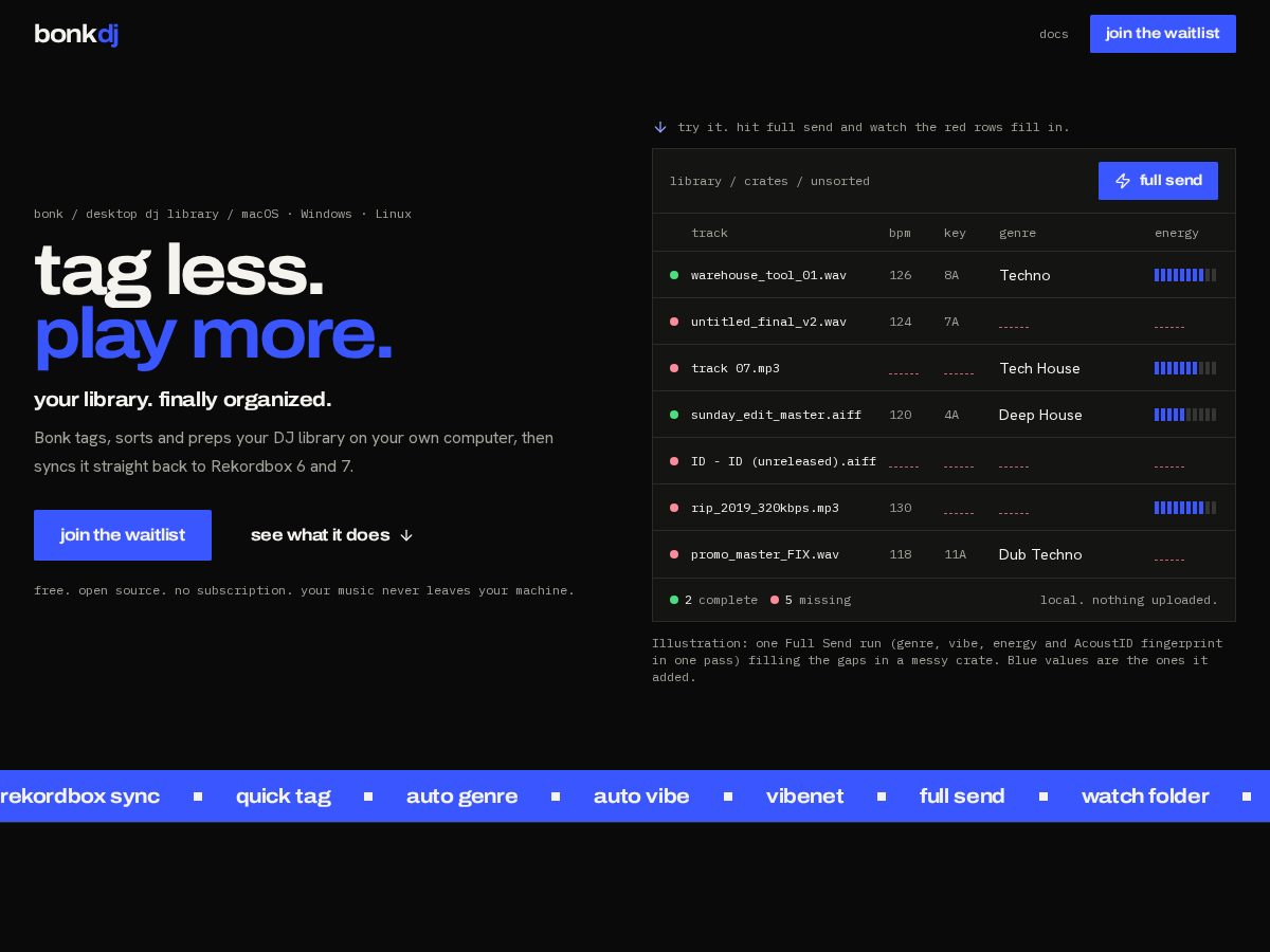 Landing-page snapshot of bonkdj.com