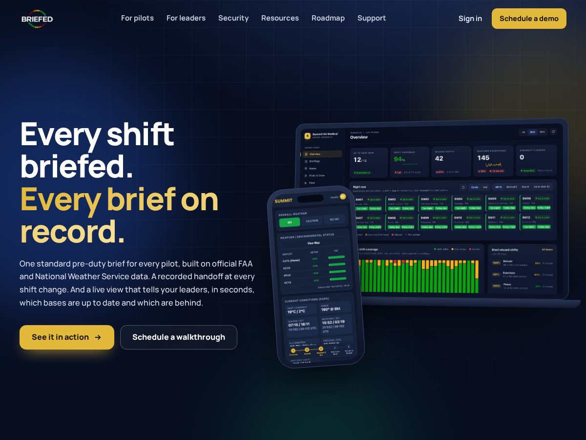 Landing-page snapshot of briefedflights.com
