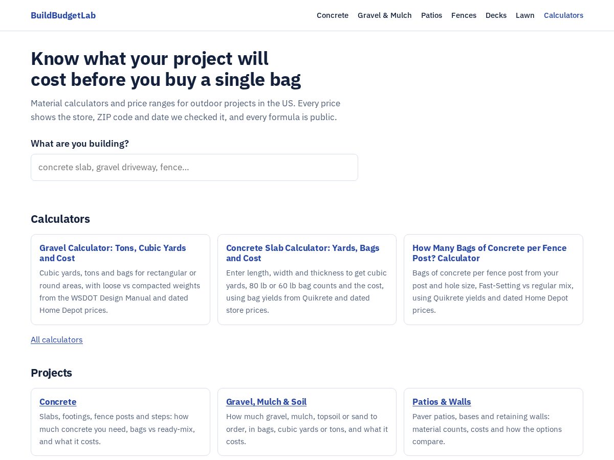 Landing-page snapshot of buildbudgetlab.com