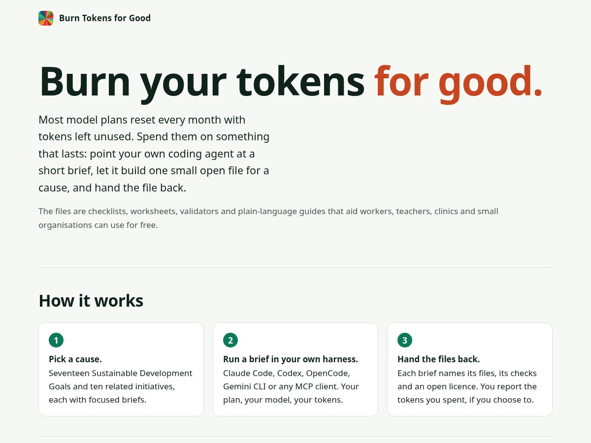 Landing-page snapshot of burntokensforgood.org