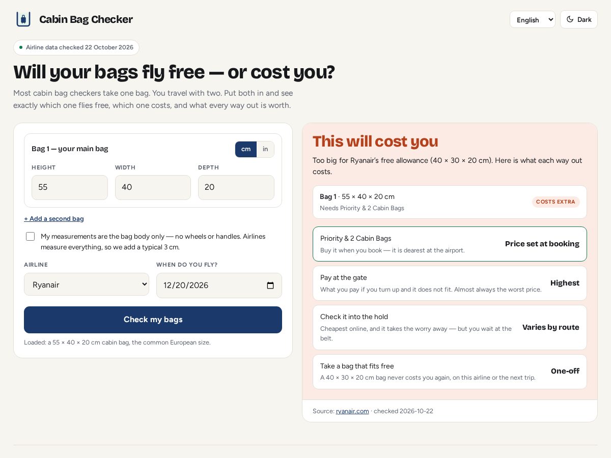 Landing-page snapshot of cabinbagchecker.com
